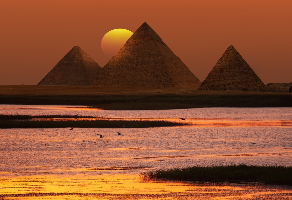 Giza,Pyramid,Complex,By,The,Nile,At,Amazing,Sunset,-